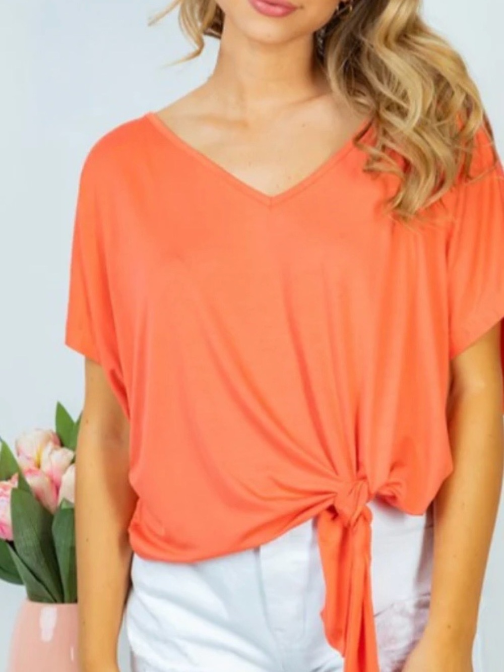 Cynthia Steffe Bright Orange Tie-Front V-Neck Blouse - Picture 5 of 8